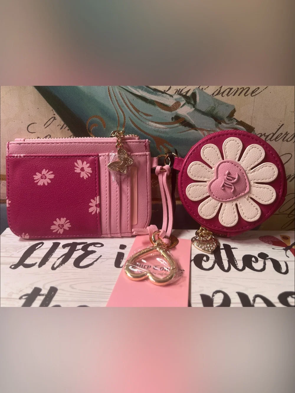 Juicy Couture Pink Daisy Cardholder & Round Coin Pouch Set